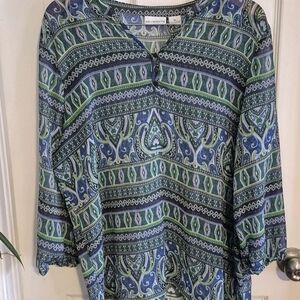 Liz Claiborne Green Paisley Boho Tunic Blouse with 3/4 Sleeves Women's Size Xlg